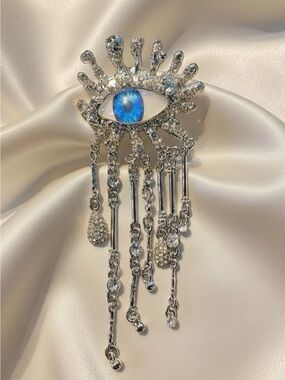 Silver Eye Dangle Brooch with Blue Enamel Iris - Women Jewelry